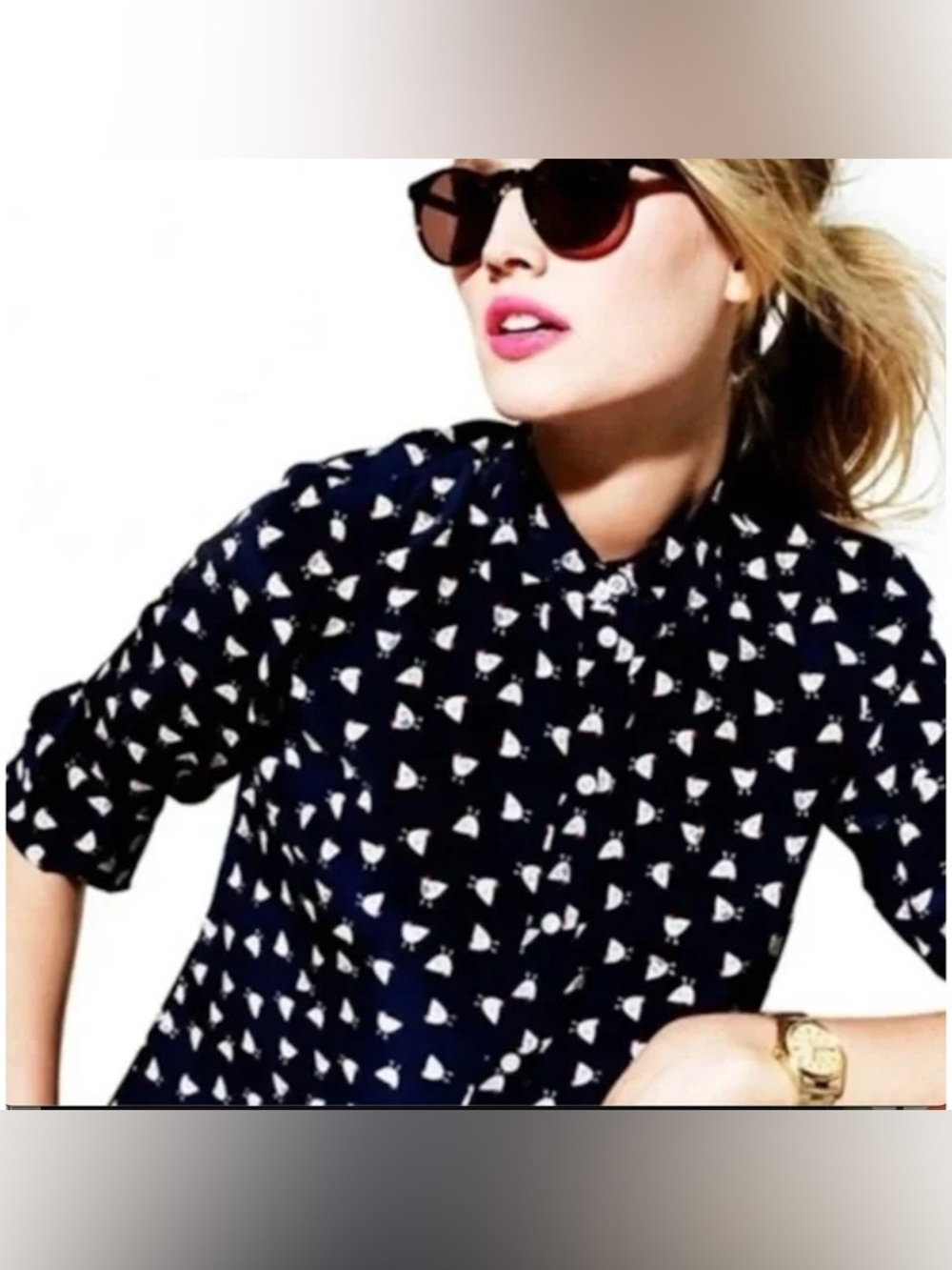 J. Crew French Hens Silk Navy Blue Shirt Button Down Shirt Size XXS